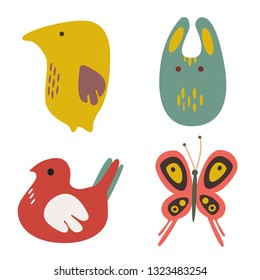 Set of naive flat bird, rabbit, butterfly