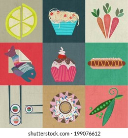 Set of naive flat food icons. Buttons for mobile and web applications.