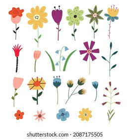 Set naive forest decorative flowers. Forest blossom clipart hand drawn elements in vector naive art illustration