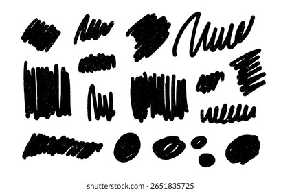Set of naive hand drawn brush strokes and scribble marks. Black textured doodles in simple marker style