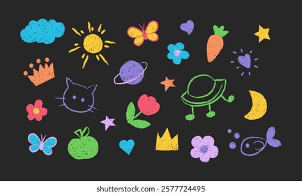 Set of naive hand-drawn doodles in crayon texture. Childish scribble flower, stars, heart symbol. Wax chalk kid art on black background.