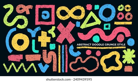 Set of naive playful abstract shapes in doodle grunge style in multi colorful. Brush strokes squiggles, asterisk, circles, infinity sign, dots, wavy bold lines. Vector with colored geometric element