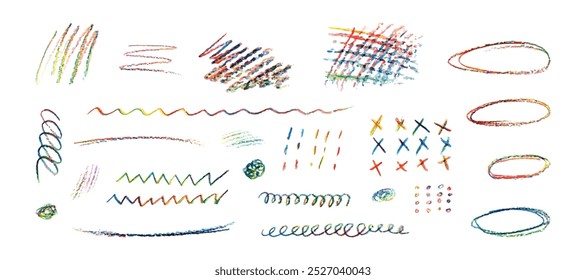 Set of naive playful shapes drawing by wax crayon pencil. Children charcoal hand drawn colorful doodle scratches. Collection of pastel highlighter spots and cross shapes. Vector illustration.