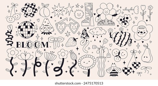 Set of naive retro doodles in black color. Cute line flowers, hearts, strawberry, cherry, smiling faces. Abstract groovy and 70s disco party outline drawings. Funky vector elements for card, poster