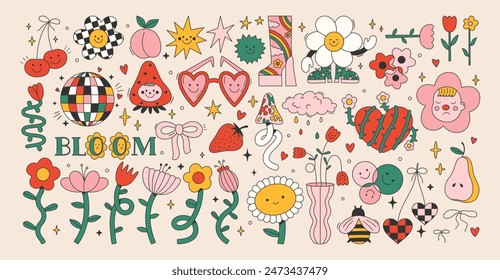 Set of naive retro doodles. Cute flowers, hearts, strawberry, cherry, smiling faces and other shapes. Abstract groovy decor. 70s disko party aesthetic. Funky vector elements for card, poster design.