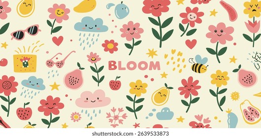 Set of naive retro doodles. Cute flowers, hearts, strawberry, cherry, smiling faces and other shapes. Abstract groovy decor. 70s disko party aesthetic. Funky vector elements for card, poster