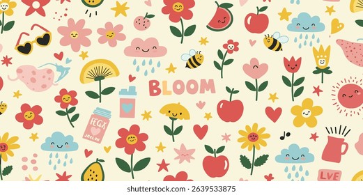 Set of naive retro doodles. Cute flowers, hearts, strawberry, cherry, smiling faces and other shapes. Abstract groovy decor. 70s disko party aesthetic. Funky vector elements for card, poster