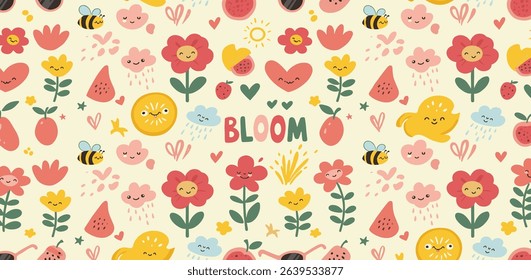 Set of naive retro doodles. Cute flowers, hearts, strawberry, cherry, smiling faces and other shapes. Abstract groovy decor. 70s disko party aesthetic. Funky vector elements for card, poster