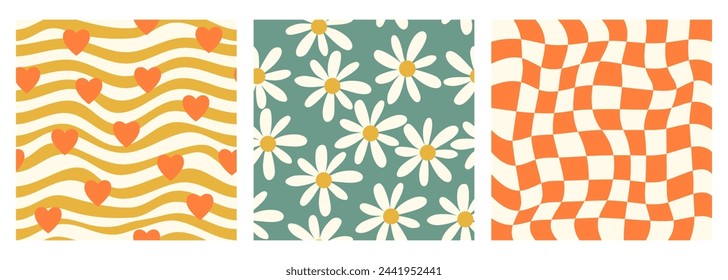 Set of naive seamless boho patterns with chamomile, heart, wave swirl and trippy grid. Trendy groovy drawn texture background. Orange green color. Fabric textile print. Design for surface design, cove