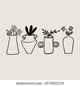 Set Naive Sketch Vase with Flower and Plant. Whimsical Black Line Collection Different Pottery Clay Pot. Vector Hand Drawn Illustration