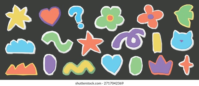 Set of naive sticker elements. Pastel hand-drawn paper cut shapes, hearts, stars, and flowers for digital scrapbooking and creative collage design.