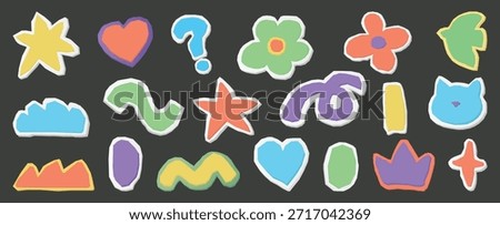 Set of naive sticker elements. Pastel hand-drawn paper cut shapes, hearts, stars, and flowers for digital scrapbooking and creative collage design.