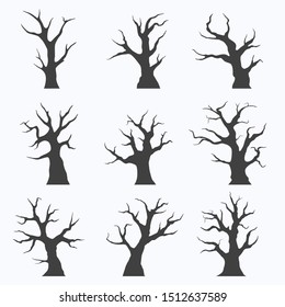 Set of naked trees silhouettes on white background, vector illustration