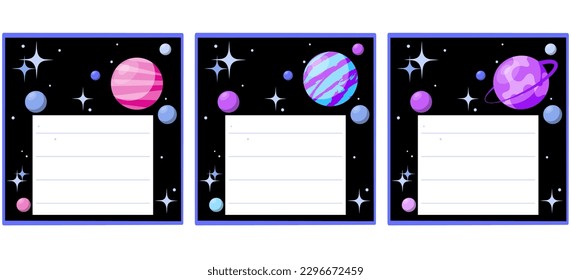 Set of name stickers with planets and stars on a black background. Text box. Vector illustration for school supplies.