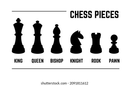 Set of named chess piece. Vector icons in black silhouettes on white. King queen  bishop knight rookand pawn
 svg