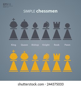Set of named chess piece vector icons in grey and yellow silhouettes on blue showing the king queen rook bishop knight and pawn