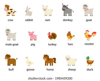 Conjunto de animales de granja con nombre en inglés. Colección de ilustraciones vectoriales.