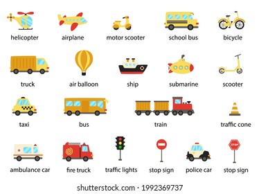 Set of named transportation means in English. Collection of vector illustrations.