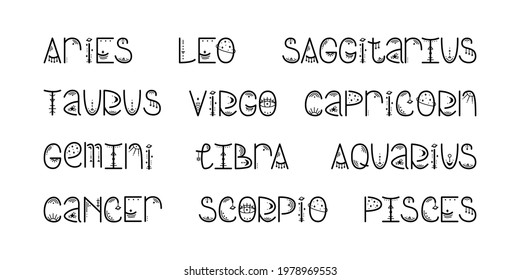 The set of names of astrological signs of the zodiac. Magical lettering