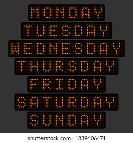 conjunto de nombres de los días de la semana en forma de marcador electrónico en un resplandor anaranjado. Ilustración vectorial.