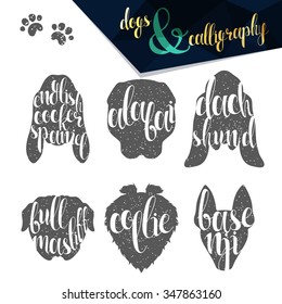 Set names dog breeds in calligraphy handmade design.  Elite premium labels. Create retro and vintage  posters, brochures, postcards.