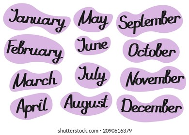 Set Of Names Of Months. 12 Months Lettering Collection For Graphic Design, Calendar Template, Education, Visual Content. Tablets With Months. Vector Illustration Isolated On White Background. 