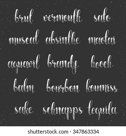 Set names of species alcohol in calligraphy handmade design menu. 
