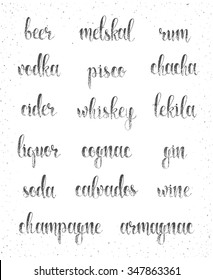 Set names of species alcohol in calligraphy handmade design menu. 