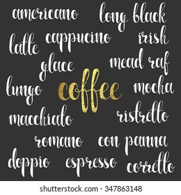 Set names of species coffee in calligraphy handmade design menu. 