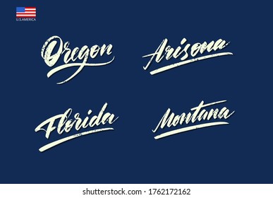 Set of the names of the states of America written with a brush. Vector illustration