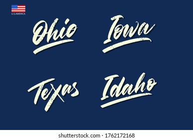 Set of the names of the states of America written with a brush. Vector illustration