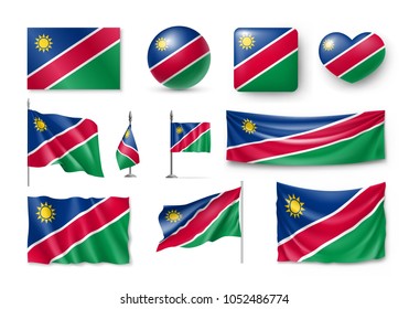 Set Namibia flags, banners, banners, symbols, flat icon. Vector illustration of collection of national symbols on various objects and state signs