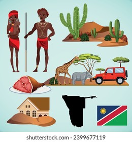 
Reihe von Namibia-Illustrationen. Namibia Karte, Flagge, nationale Lebensmittel, Kleidung, Architektur, Safari, Tiere von Namibia. Vektorgrafik