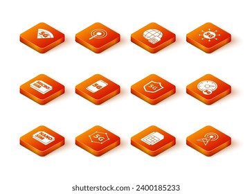 Set Nano Sim Card, 5G network, Micro, Mobile with, card, Protective shield, Antenna and Digital speed meter icon. Vector