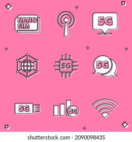 Set Nano Sim Card, Antenna, Location 5G network, Social, Processor, modem and  icon. Vector