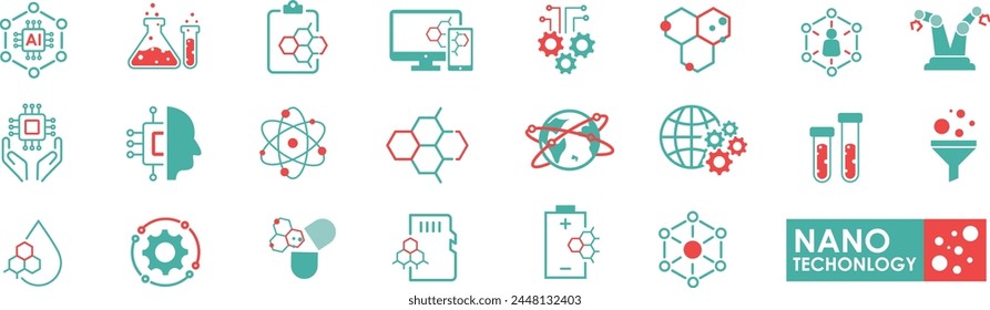 Set of Nano Technology icons, Nanotech, Nanotechnology, Nanochips, Micro-scale, Solid icon style. Vector illustratio