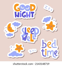 Set of nap lettering quotes with decorative sleep elements on background. Collection decorative stickers hand drawn in trendy flat style. Vector illustration for labels, tags, cards or posters.