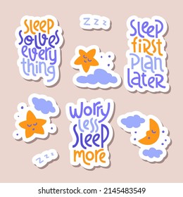 Set of nap lettering quotes with decorative sleep elements on background. Collection decorative stickers hand drawn in trendy flat style. Vector illustration for labels, tags, cards or posters.