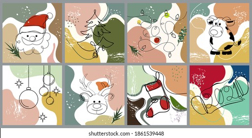 Set сards, napkins, backgrounds for a festive party Christmas, New Year. black contours of Santa Claus, Christmas tree, deer, garland, sock, balls on an abstract of various shapes.  Modern trendy