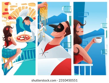 set of naples illustrations with pizza chef and woman drinking coffee and puffin with spaghetti