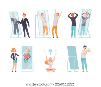 Set of narcissistic people looking at mirror admiring of themselves