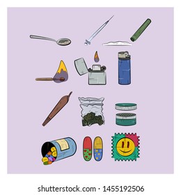 Set of narcotics. Different narcotic drug dependence. Colorful icons.