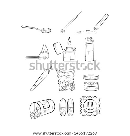 Set of narcotics. Different narcotic drug dependence. Line icons. Black and white icons.