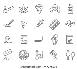 Set of narcotics Related Vector Line Icons. Includes such Icons as pills, addiction, smoking blends and more.
