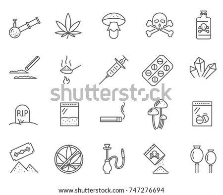 Set of narcotics Related Vector Line Icons. Includes such Icons as pills, addiction, smoking blends and more.