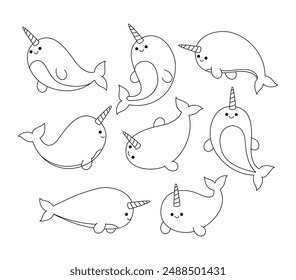 Set of narwhal doodle collection, narwhal outline coloring page or book animals for kindergarten, Vector line art set of animals wildlife, Hand drawn, Minimal narwhal line art doodle in different pose