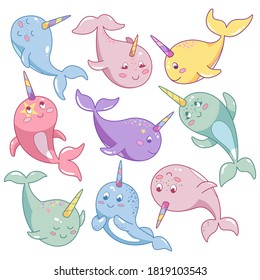 Set of  narwhals character. Marine animal narval, character baby fairytale unicorn narwhal. Narvals diferent color on white background. Vector illustration