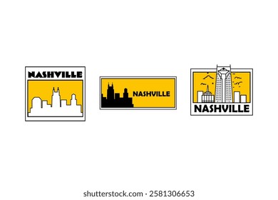 Set of nashville city sticker vector design in cool yellow color. Trendy cute smile patch.