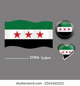 set nation syria flag glossy button heart vector illustration background - flag of syria