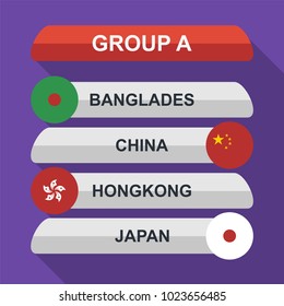 Set of national asian flags. Draw result. Football championship groups. Flags of flat design vector illustration.